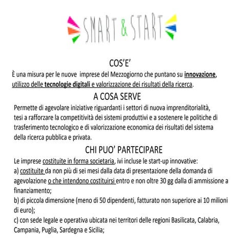 Presentazione Smart & Start: incentivi alle imprese