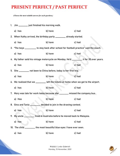 Present Simple Test QUE Complete The Following Sentences Using