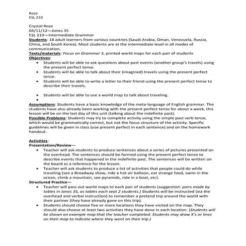 Present Perfect: Indefinite Past Lesson Plan