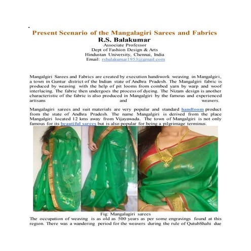 Present scenario of the mangalagiri sarees and fabrics
