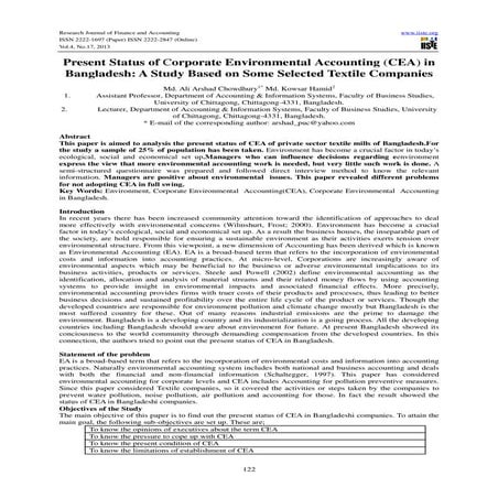 Present status of corporate environmental accounting (cea) in bangladesh