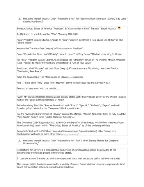 President President "Barack Obama" 2014 "Reparations Act" for (Negro) African...