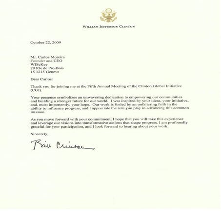 President clinton letter to WISekey | PDF