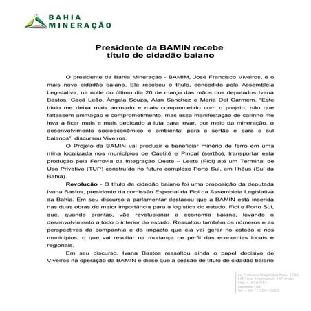 Presidente da Bamin recebe título de cidadão baiano