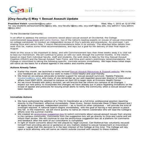 President Jonathan Veitch's Letter to Occidental College 5-1-2013