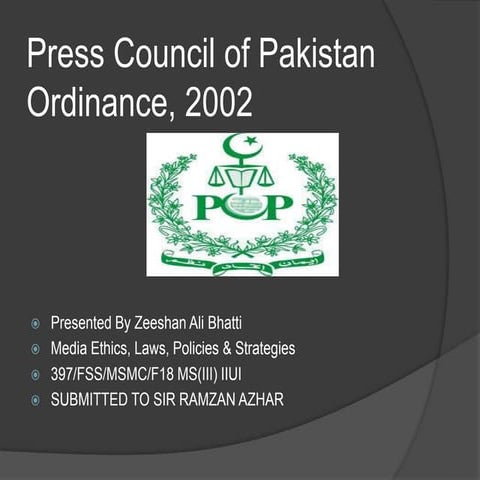 Press Council of Pakistan Ordinance 2002 and its Code of Ethics