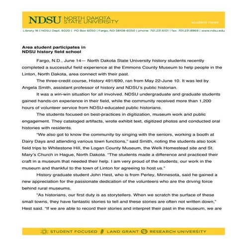 Field School in Emmons County Press Release