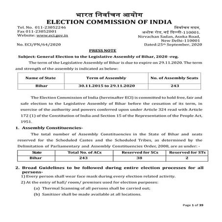 General Election to the Legislative Assembly of Bihar 2020 - Schedule of Elec...