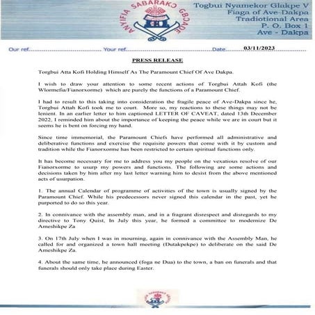 Stop Holding Yourself As Paramount Chief of Ave-Dakpa Traditional Area Warms Torgbi Attah Kofi VII