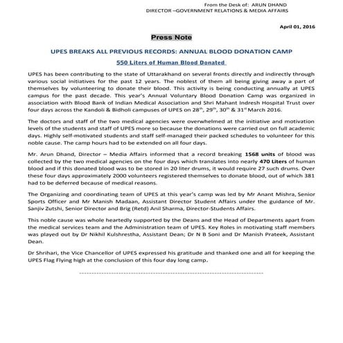 UPES: ANNUAL BLOOD DONATION CAMP