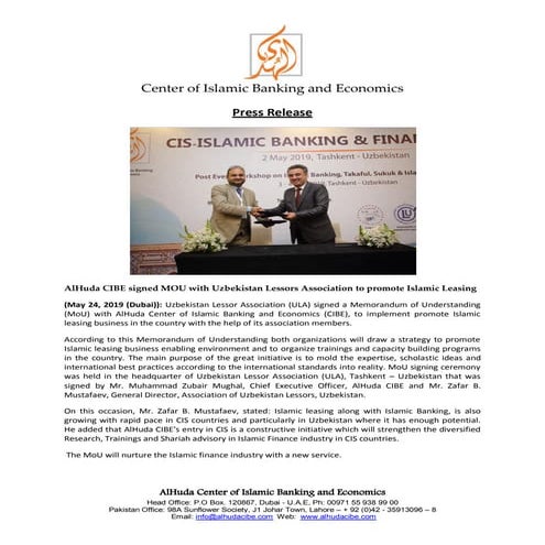 Press Release - AlHuda CIBE signed MoU with Uzbekistan Lessors Association