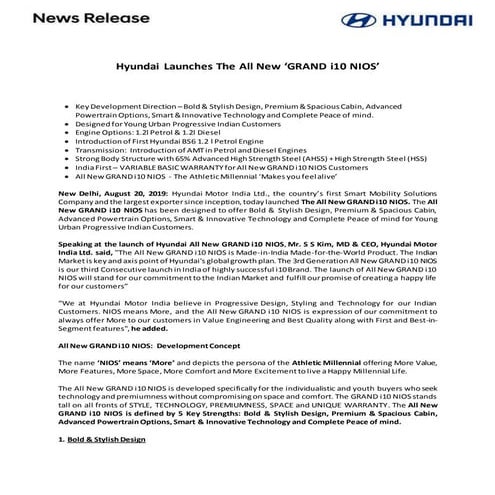 Hyundai Grand i10 NIOS launch - Press Release