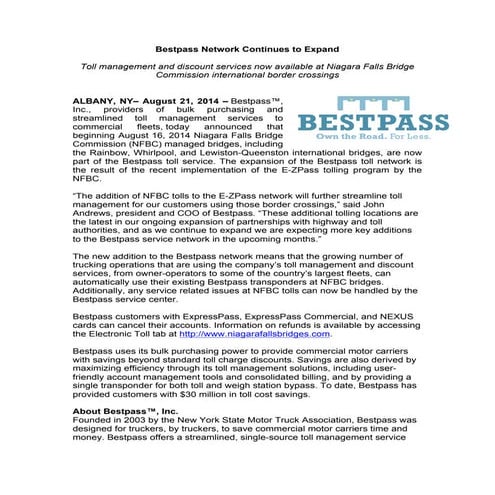 PRESS RELEASE-Bestpass Network Continues to Expand | PDF