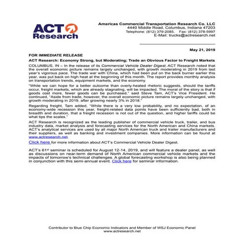 ACT Research: NA Medium and Heavy-Duty Volumes Softened in May | PDF