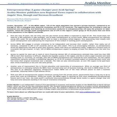 Entrepreneurship: A game-changer post Arab Spring? Arabia Monitor publishes n...