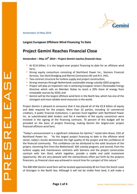 Pressrelease about Financial Close ...