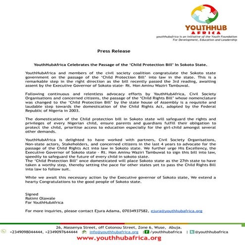 YouthHubAfrica Celebrates the Passage of the ‘Child Protection Bill In ...