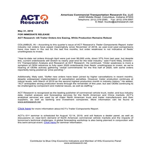 ACT Research: NA Medium and Heavy-Duty Volumes Softened in May | PDF