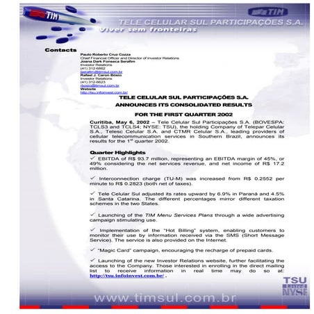 Press Release 1 Q02   Tele Celular Sul En