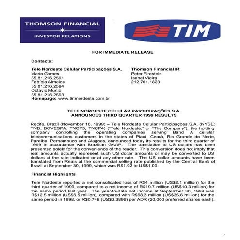 Press Release 3 T99   Tele Nordeste Celular