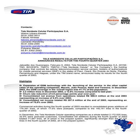 Press Release 4 Q03   Tele Nordeste Celular En