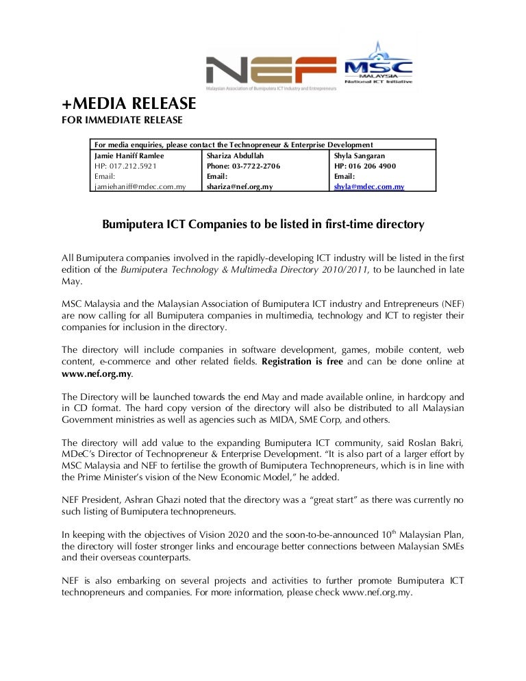 Press Release 8 April 2010 National Bumiputera Ict Directory 2010 11
