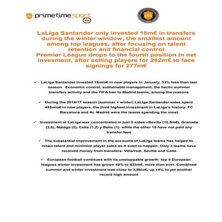 Press release Football Transfer Review 2017 winte window by Prime Time Sport