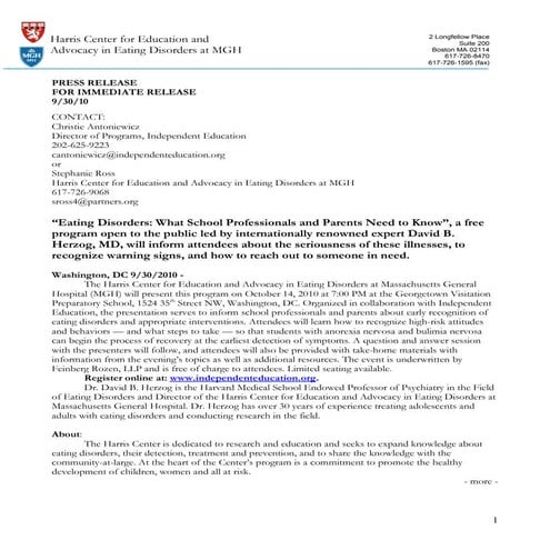 Press release for eating disorders what school professionals and parents need to know