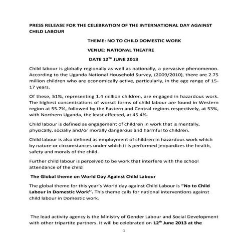 Press release for the celebration of the international day against child labour