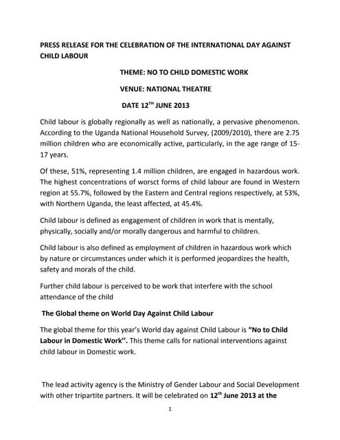 Press release for the celebration of the international day against child labour