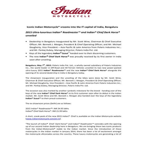 Indian Motorcycle opens second showroom in India, unveils Dark Horse and Road...