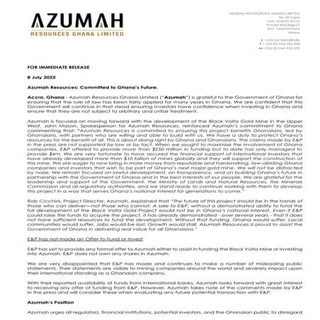 Azumah Resources reaffirms commitment to Ghana amid dispute with Engineers & Planners