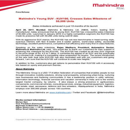Mahindra KUV100 sales surpass 50,000 units