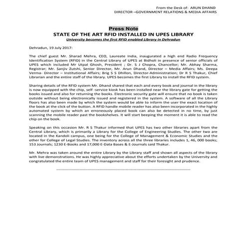 University becomes the first RFID enabled Library in Dehradun