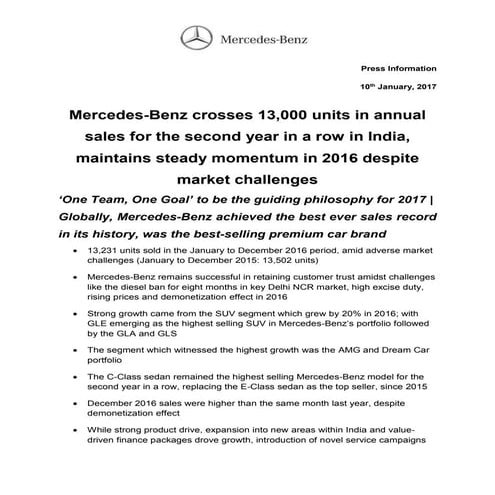 Mercedes Benz India 2016 Sales Report