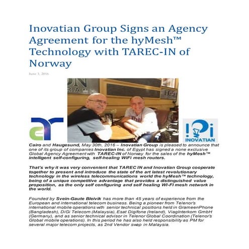 Press release on inovatian webiste to announce tarec in agency agreement