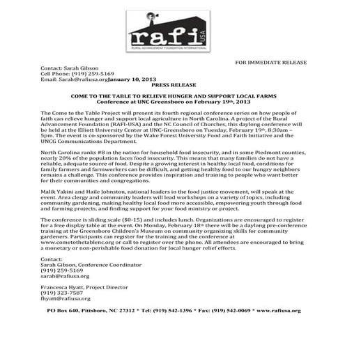 Press Release: Come to the Table to Relieve Hunger and Support Local Farms – ...