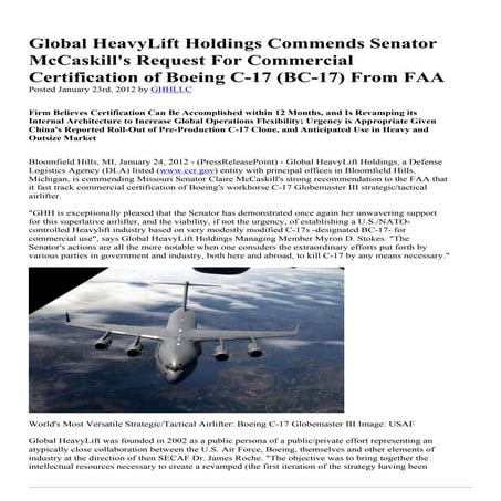 Global HeavyLift Holdings Commends Senator McCaskill's Request For Commercial...