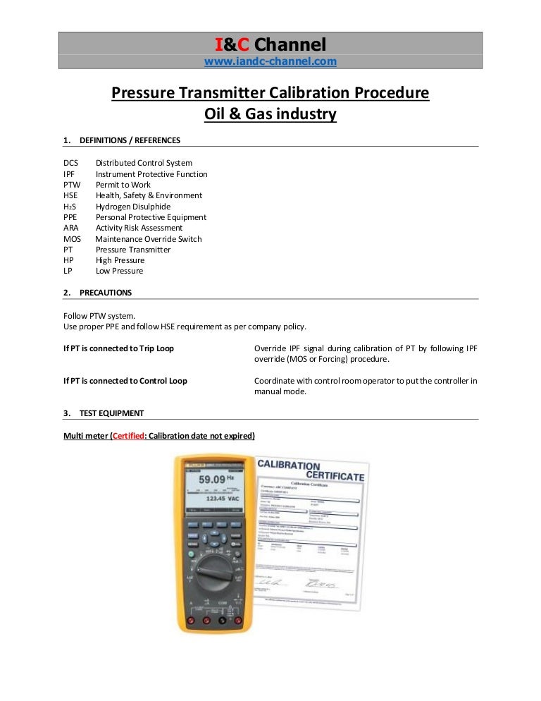 Pressure transmitter calibration procedure