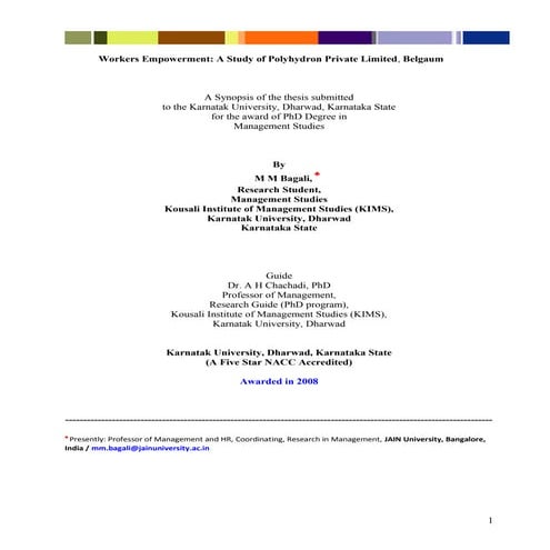 Prestige Indore   Ph D Synopsis, 2010 11