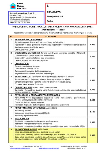 Presupuesto construccion casa 50m2