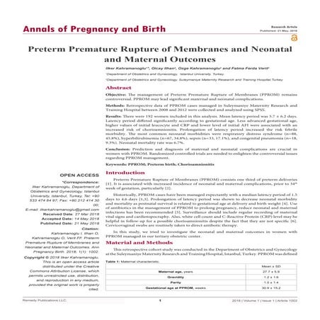 Preterm Premature Rupture of Membranes and Neonatal and Maternal Outcomes