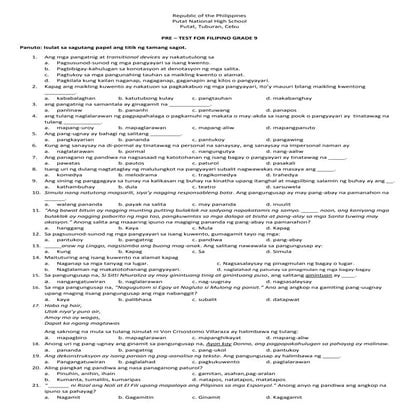 Pretest filipino grade 9