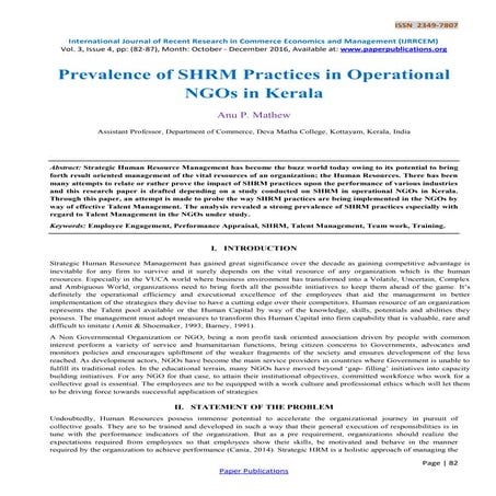 Prevalence of SHRM Practices in Operational NGOs in Kerala