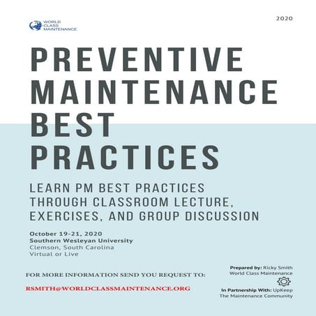 Preventive Maintenance Best Practices plus PM Optimization Workshop Brochure