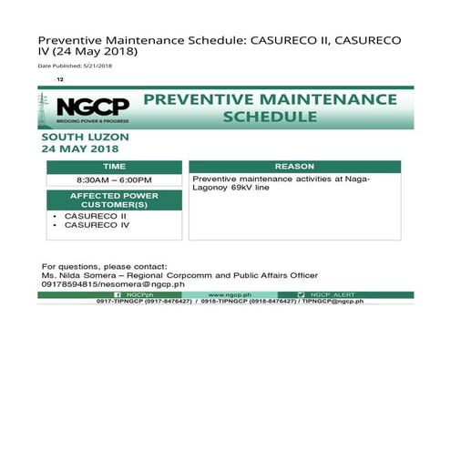 Preventive maintenance schedule casureco ii, iv (24 may 2018) | PDF