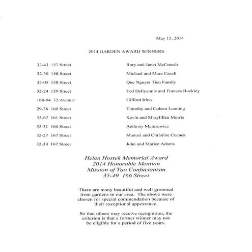 Previous Spring Gardens Winners