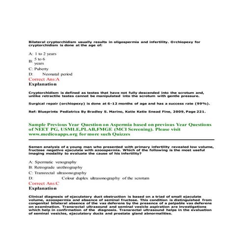 Previous year question on aspermia based on neet pg, usmle, plab and fmge or ...