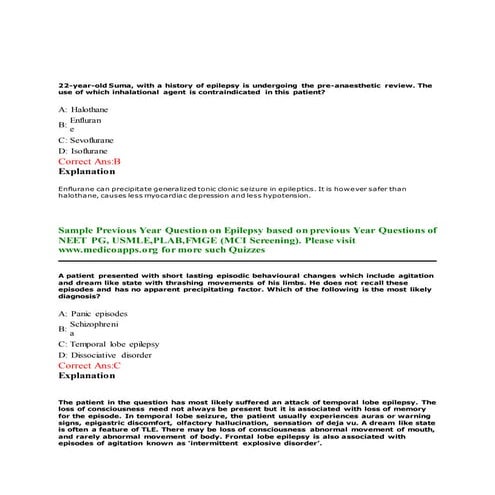 Previous year question on epilepsy based on neet pg, usmle, plab and fmge or ...