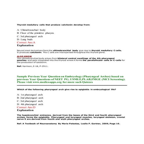 Previous year question on pharyngeal arches embryology based on neet pg, usml...